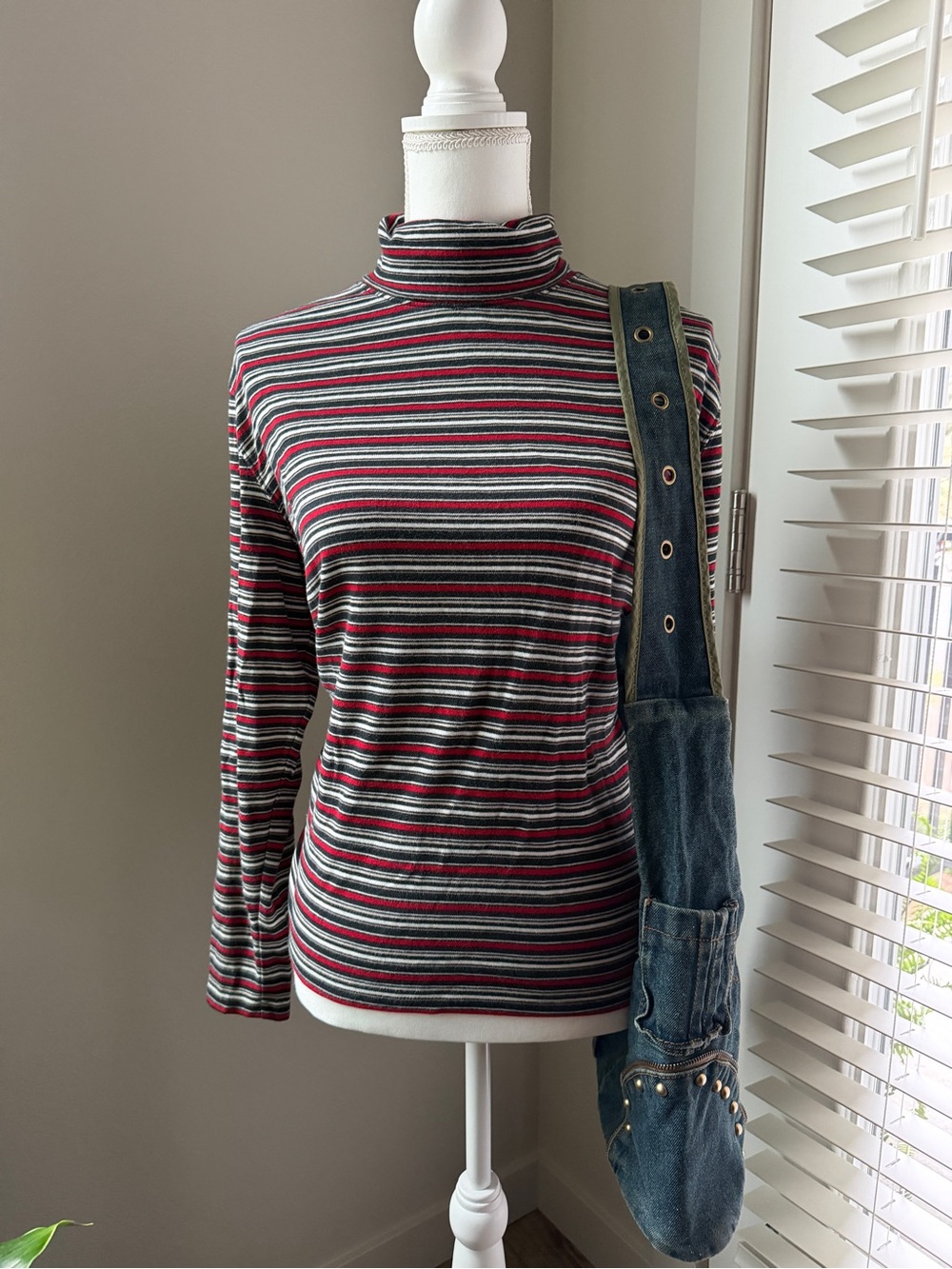 St. John's Bay Striped Mock Neck Long Sleeve Top in Black, Gray & Red